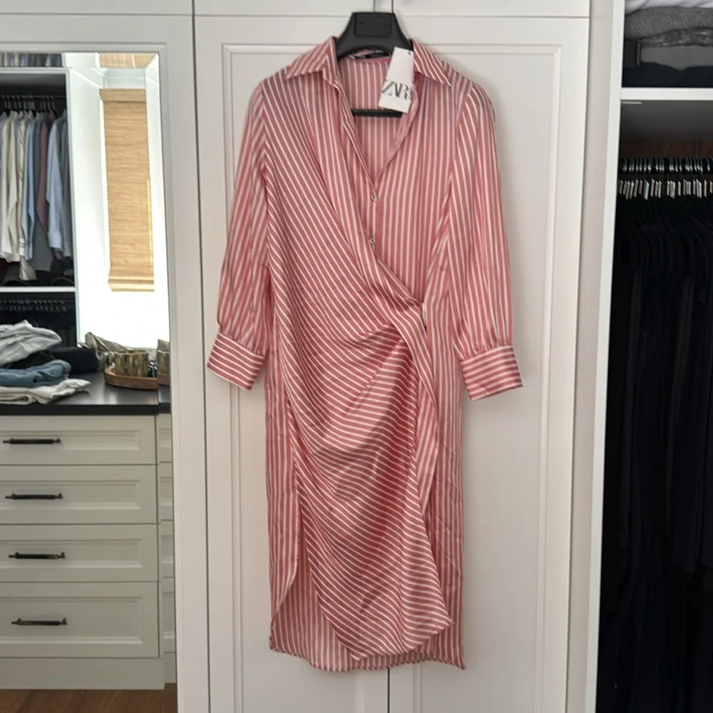 Zara Silk Pink Striped Long Sleeve Dress - Picture 3 of 4